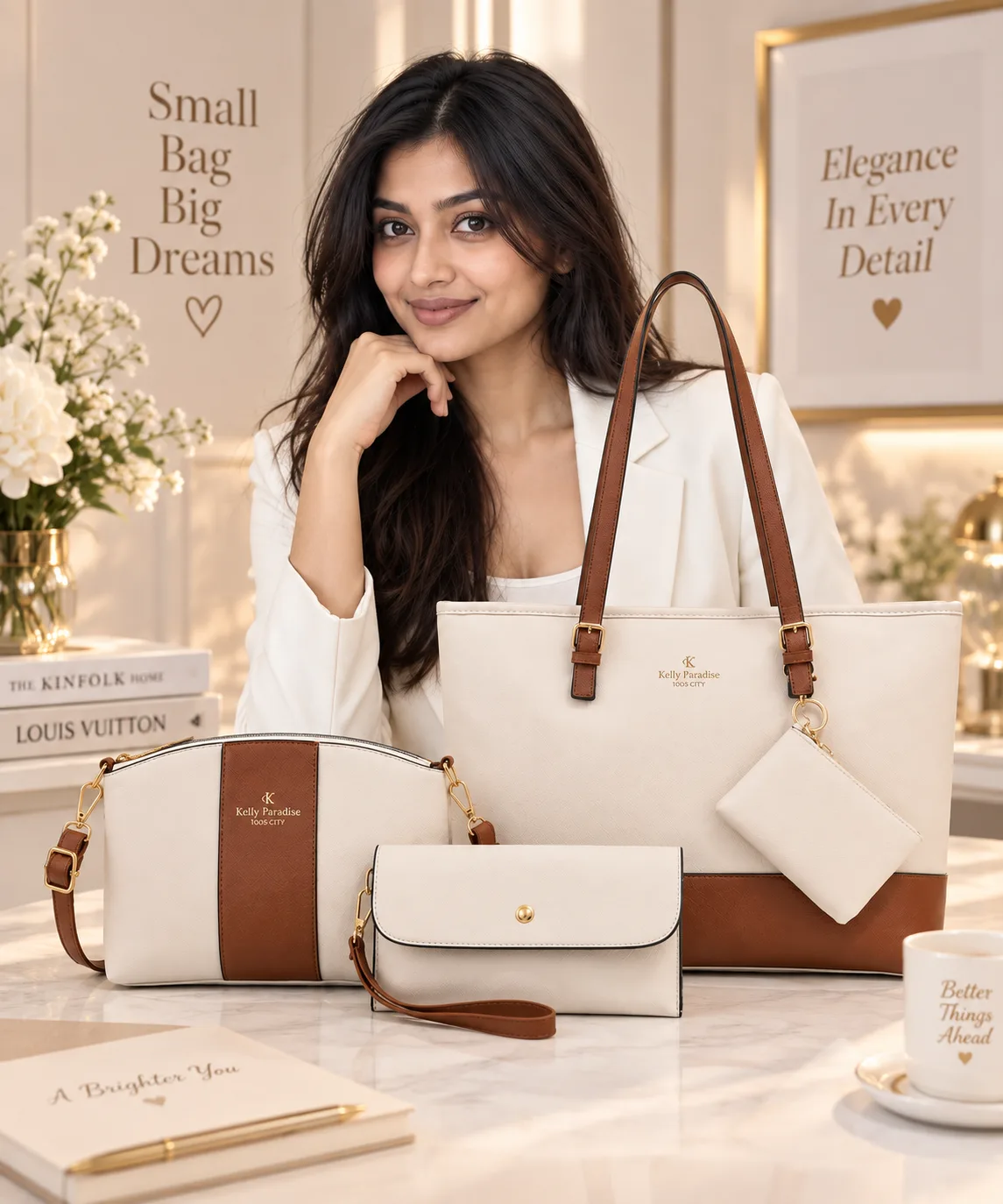 Premium 4-Piece Ladies Bag Set (Cream)