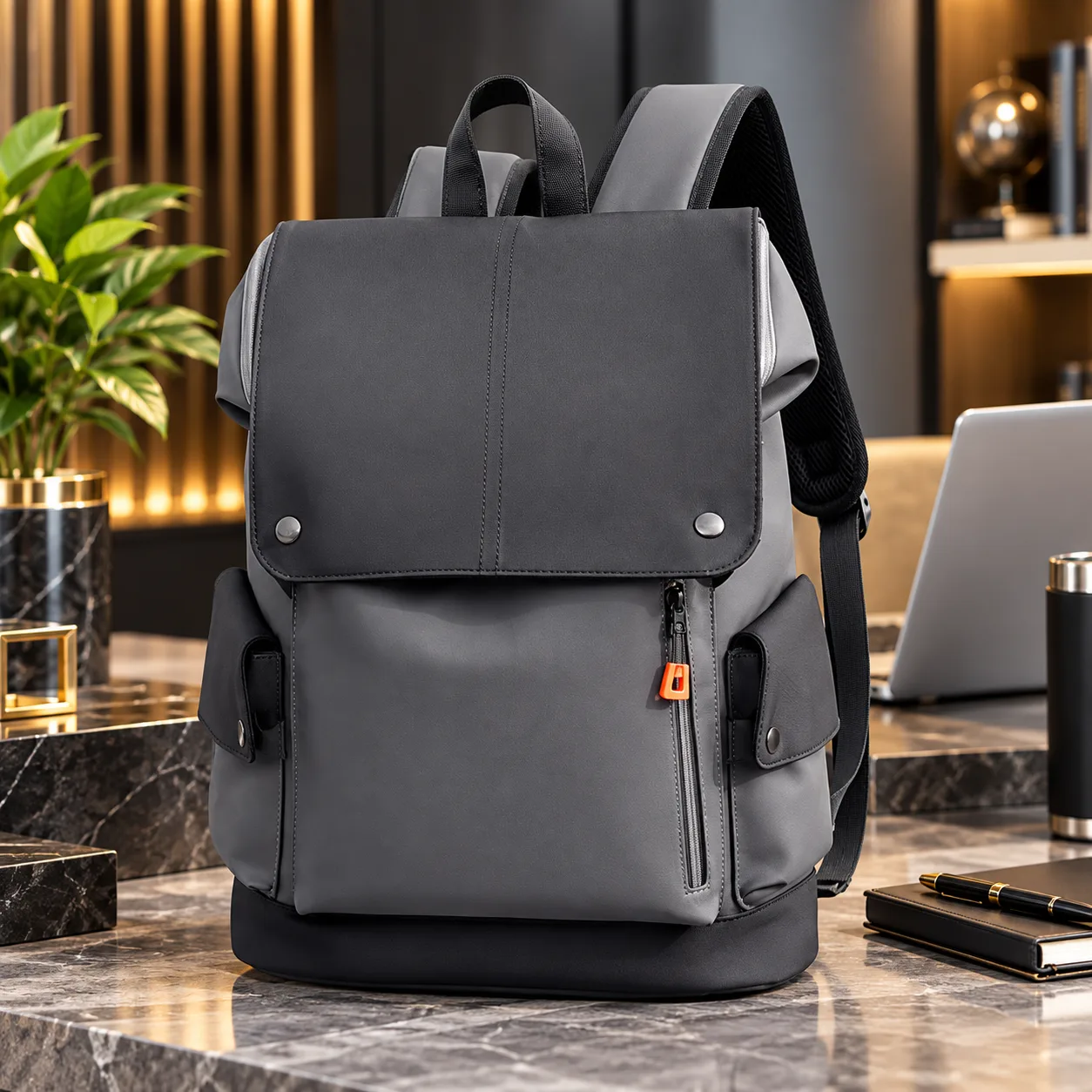 Premium Waterproof PU Leather Laptop Backpack – Ash