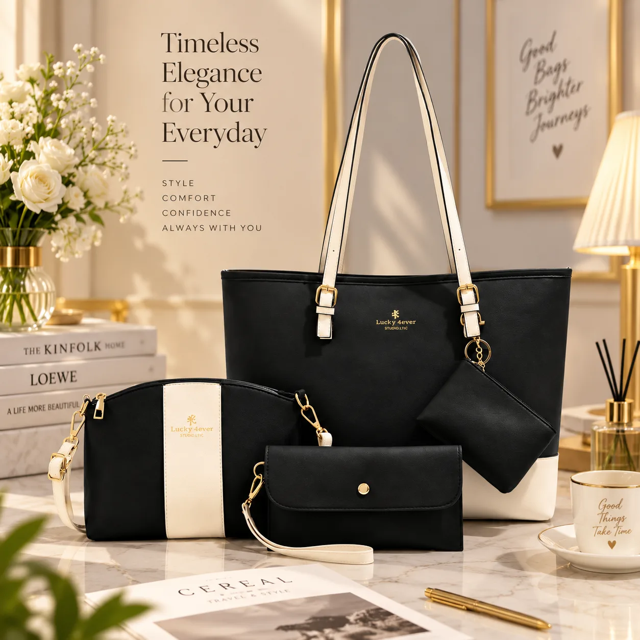 Premium 4-Piece Ladies Bag Set(Black)