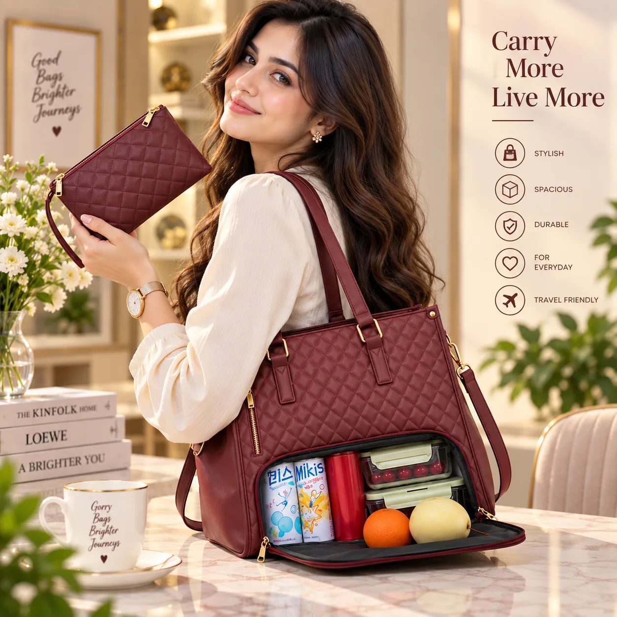 Women's Premium Lunch Tote & Pouch Set (Maroon)