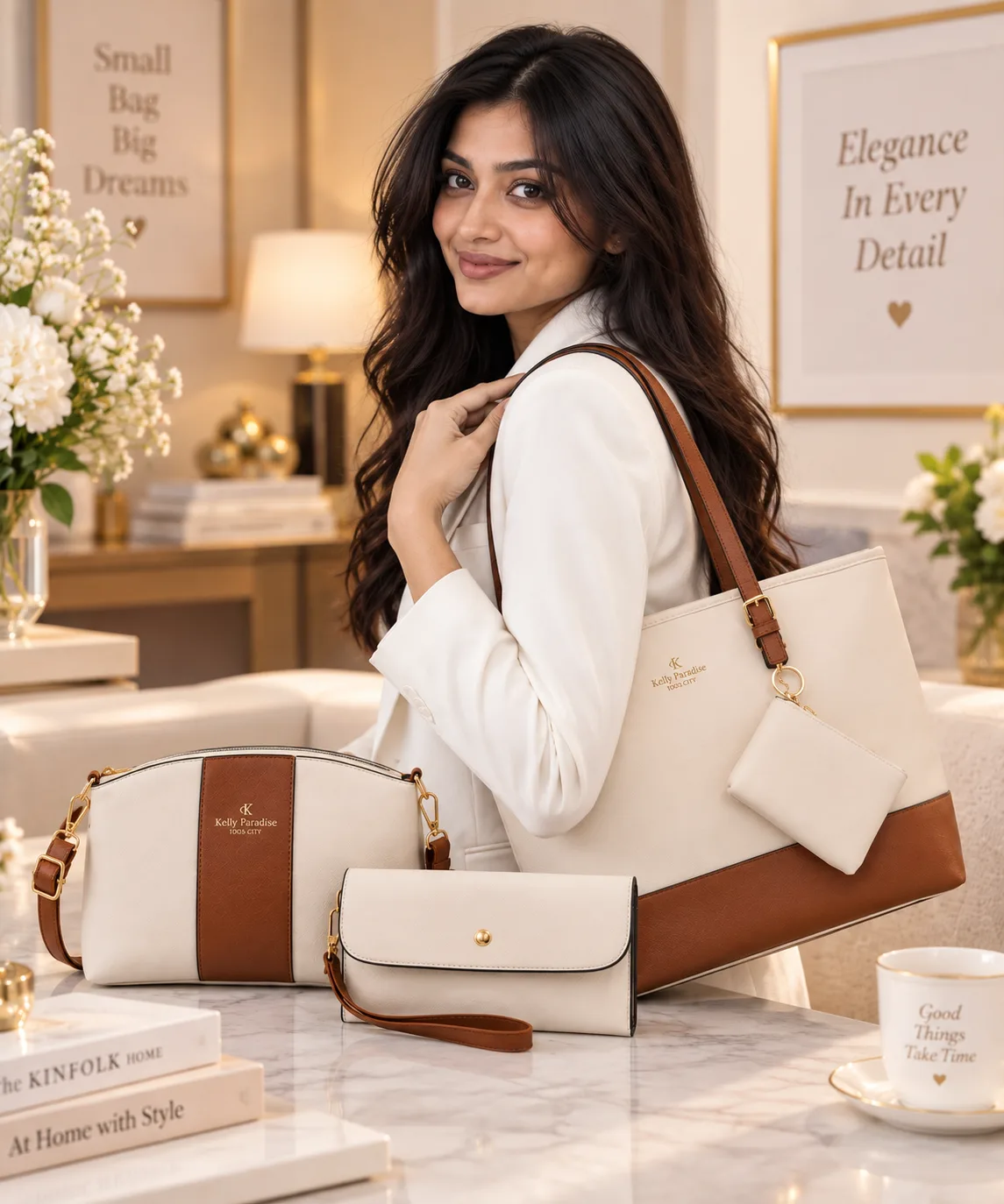 Premium 4-Piece Ladies Bag Set (Cream)