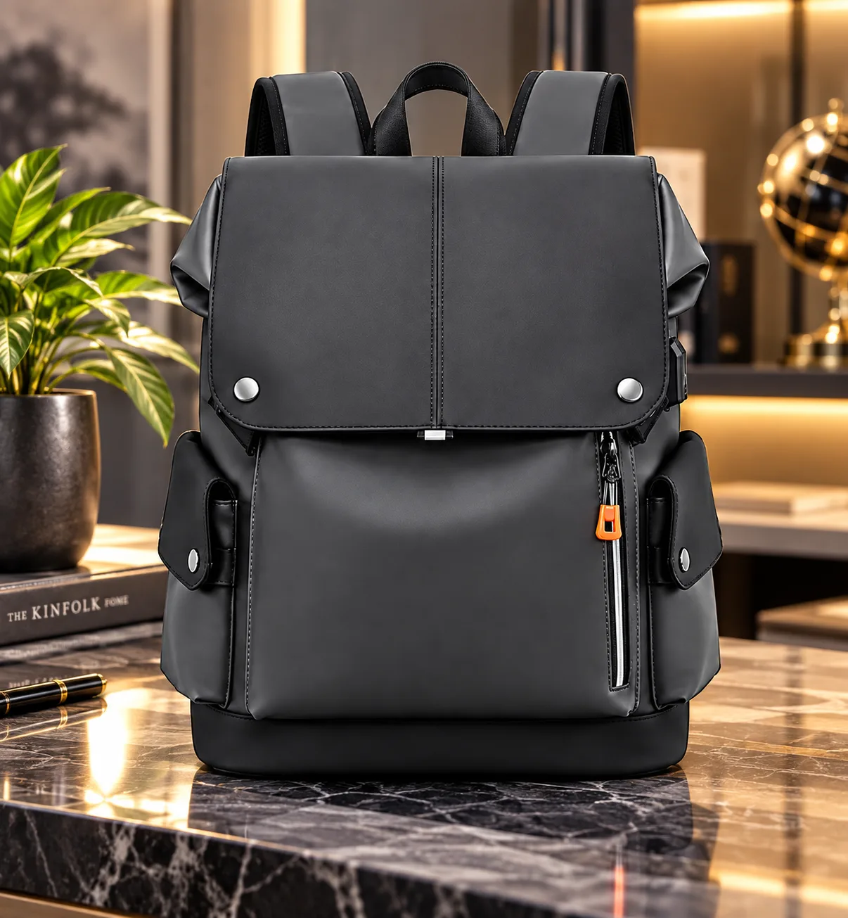 Premium Waterproof PU Leather Laptop Backpack – Black