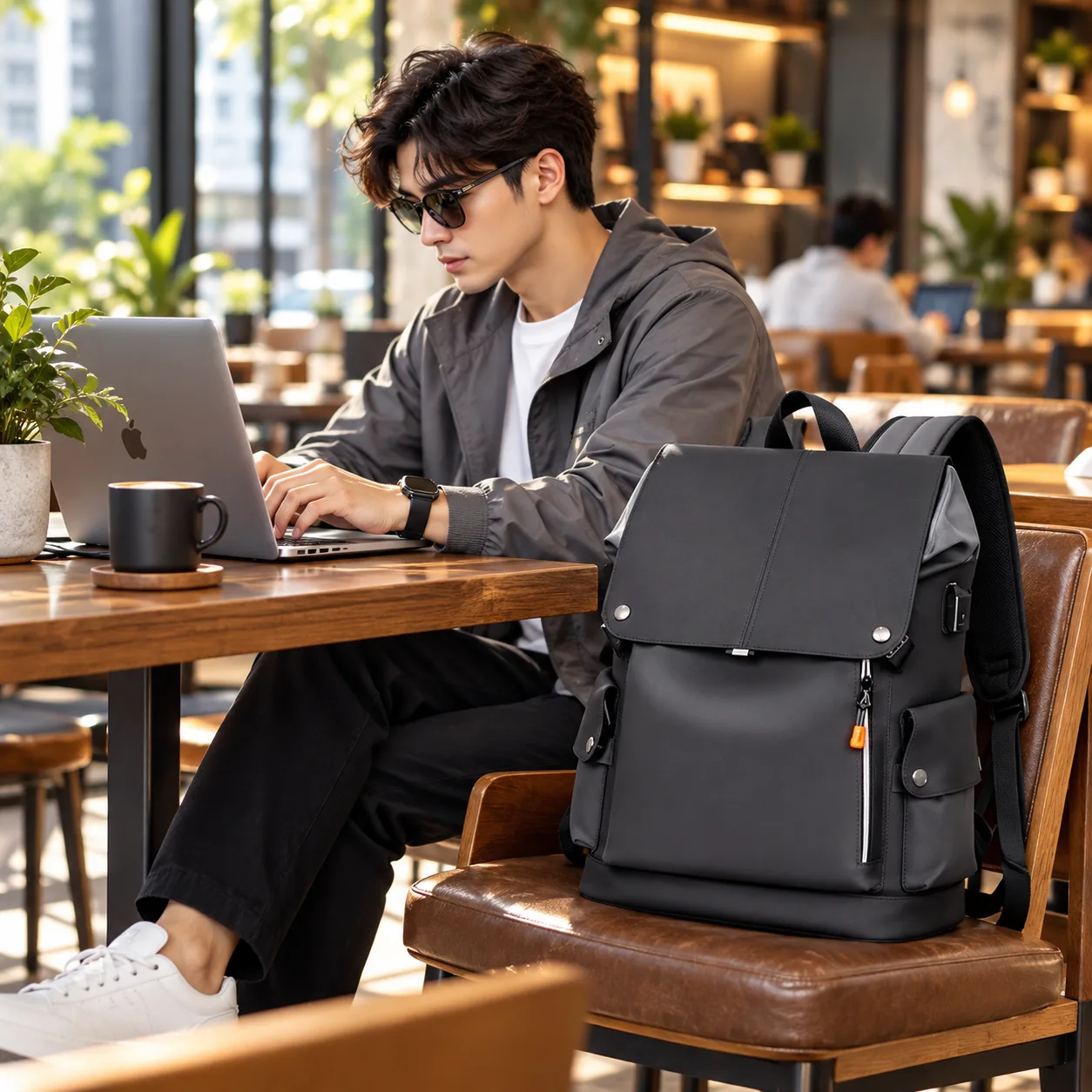 Premium Waterproof PU Leather Laptop Backpack – Black