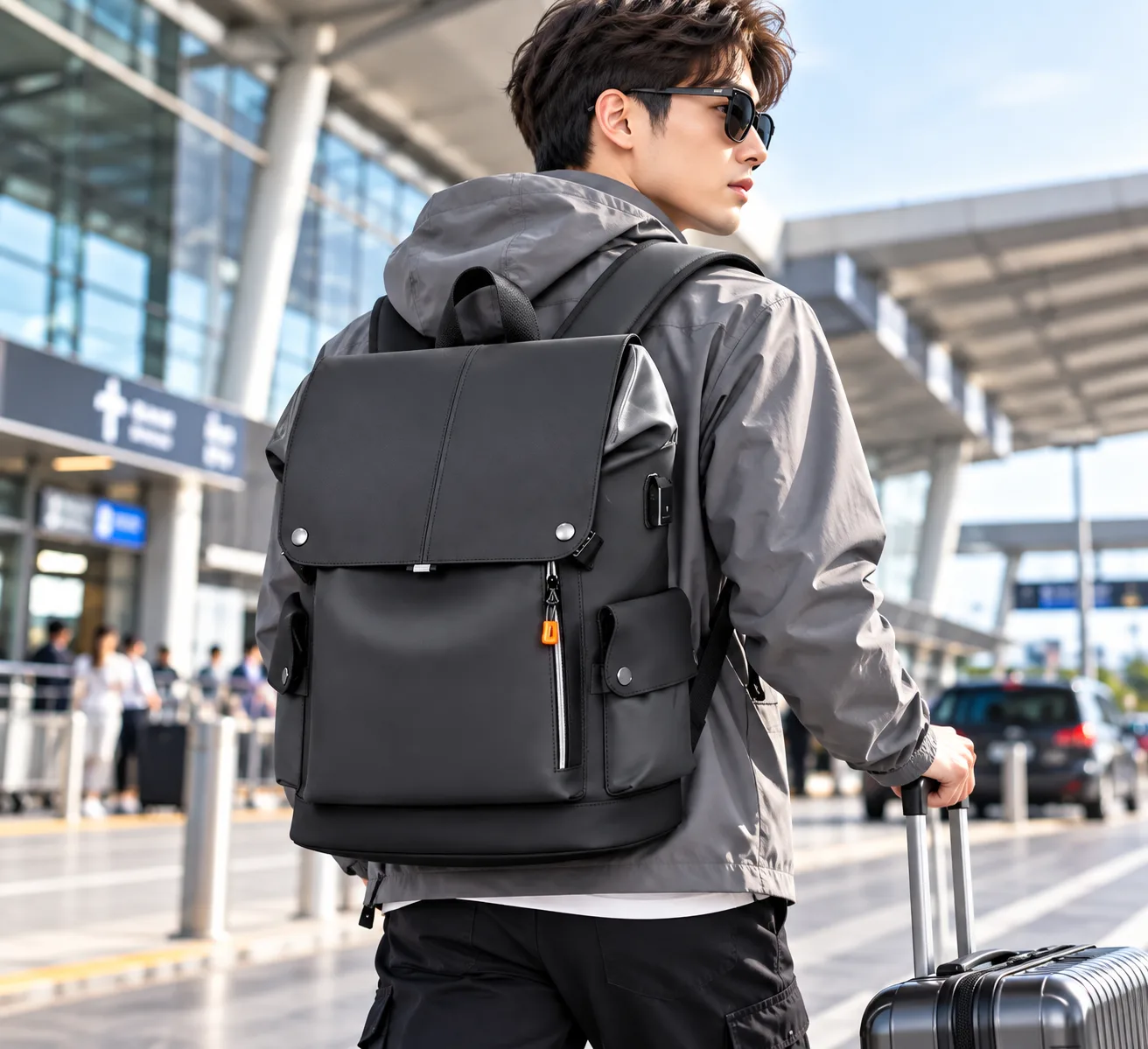 Premium Waterproof PU Leather Laptop Backpack – Black