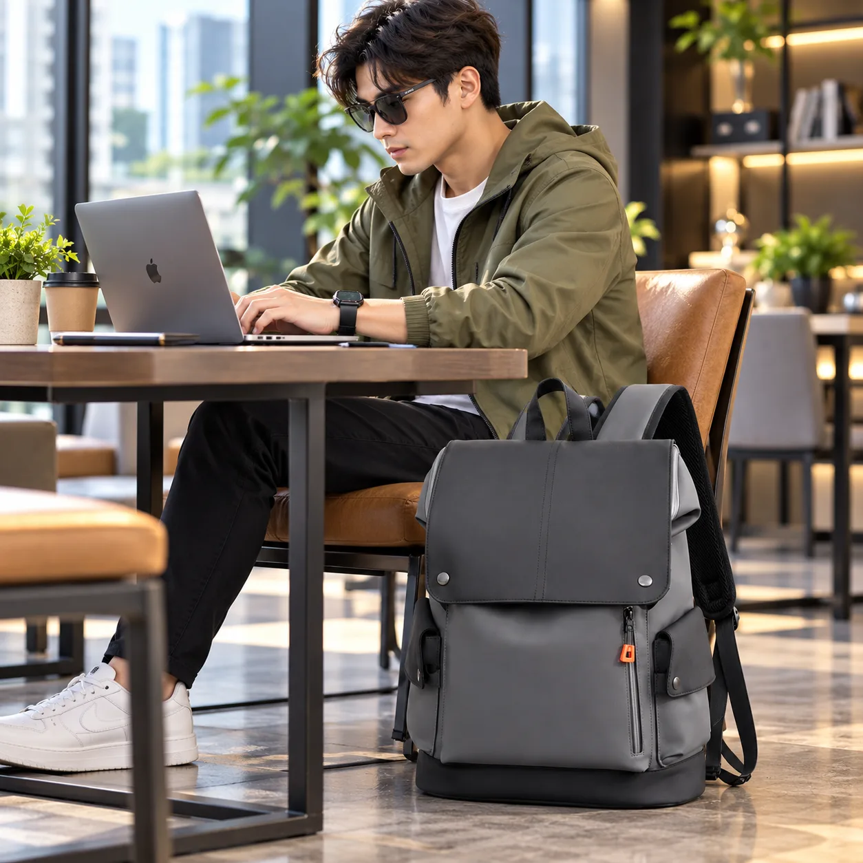 Premium Waterproof PU Leather Laptop Backpack – Ash