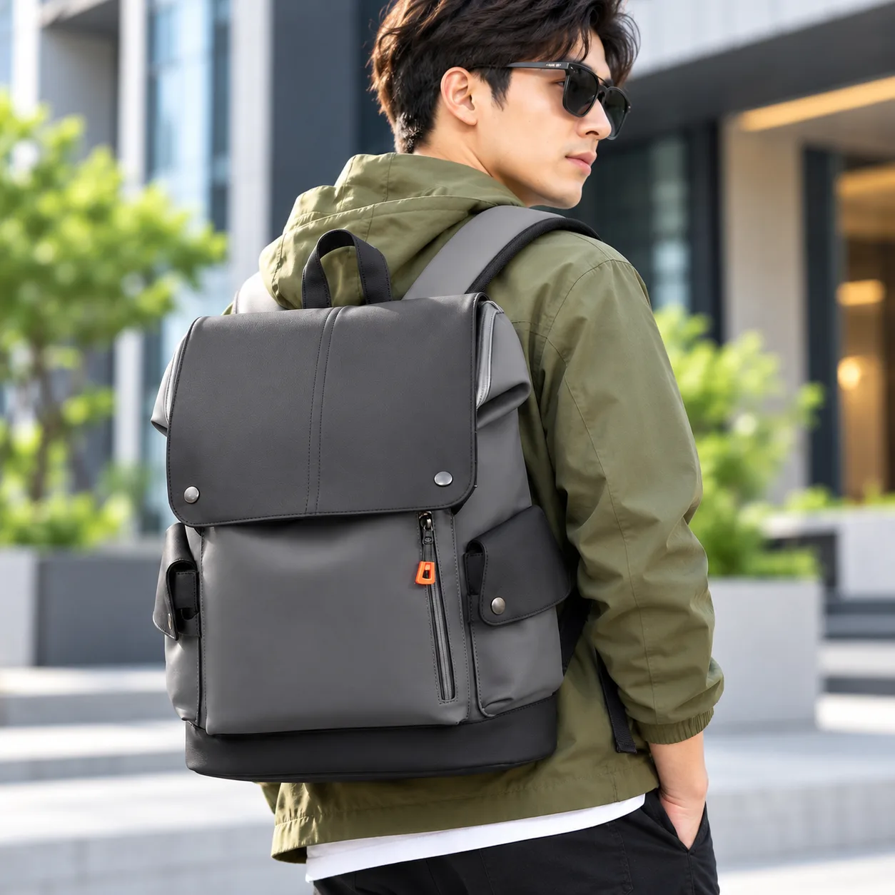 Premium Waterproof PU Leather Laptop Backpack – Ash