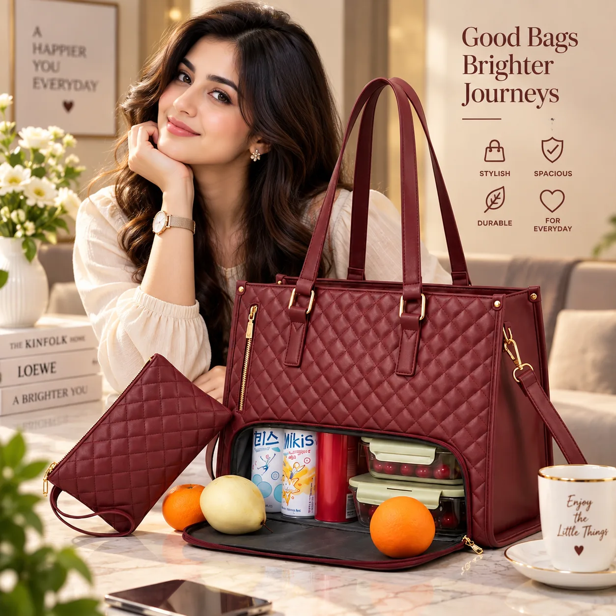 Women's Premium Lunch Tote & Pouch Set (Maroon)