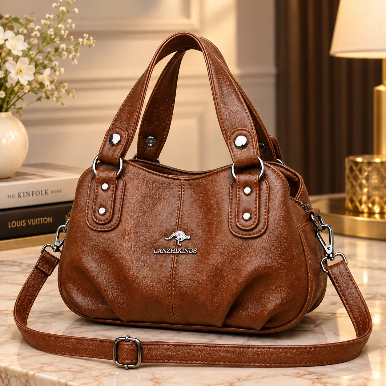 Premium Multi-Compartment Designer Handbag – Brown