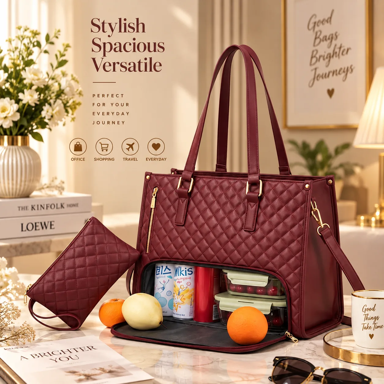 Women's Premium Lunch Tote & Pouch Set (Maroon)